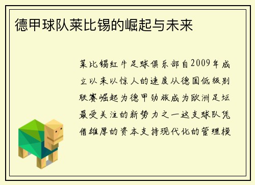 德甲球队莱比锡的崛起与未来